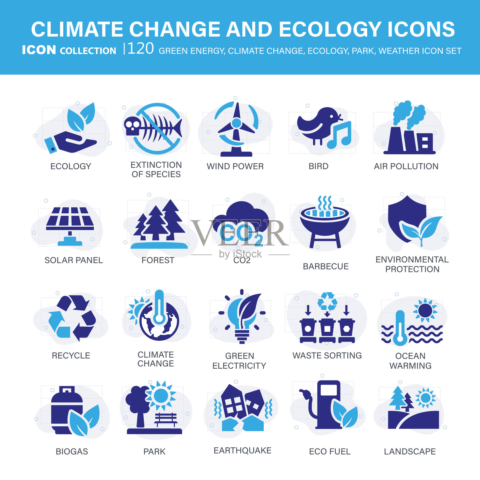 气候变化，生态，绿色能源，公园和天气图标集。遏制全球变暖，可再生能源，温室效应，冰雪融化，地球污染，户外活动。平面矢量图图标素材