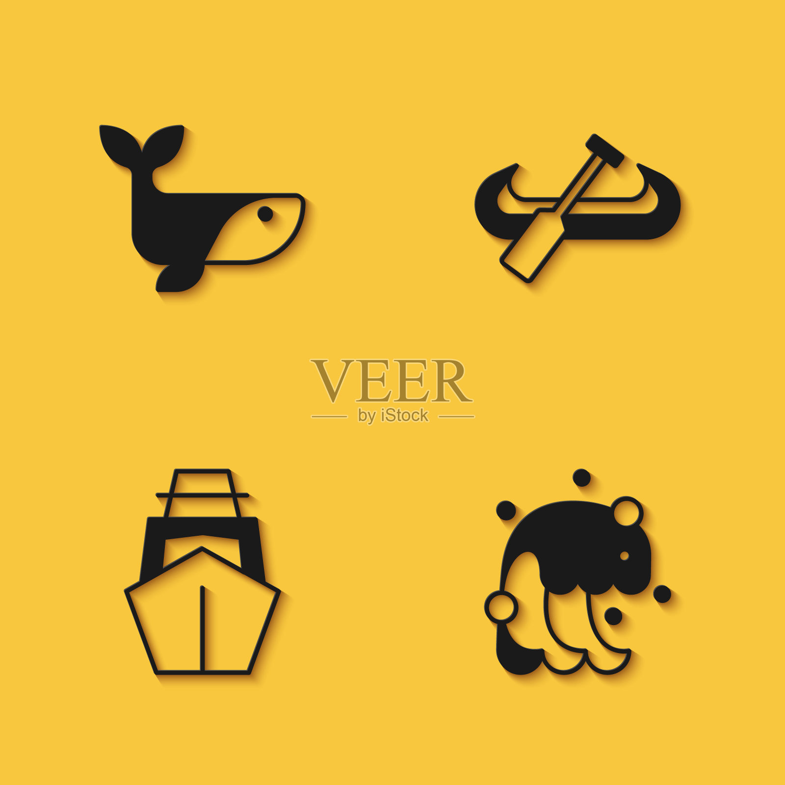 设置鲸鱼，海啸，游艇帆船和皮划艇和桨图标与长阴影。向量图标素材