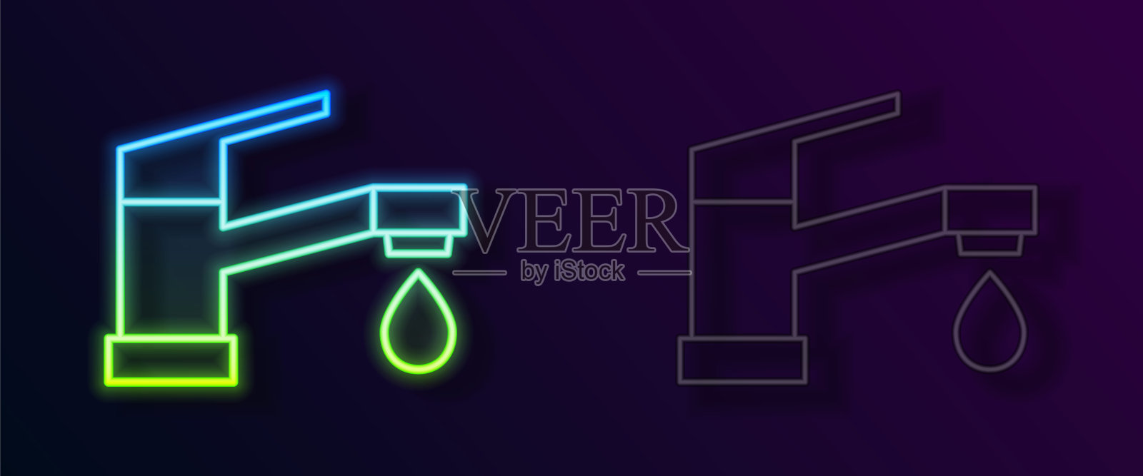 发光的霓虹灯线水龙头图标隔离在黑色背景上。向量插画图片素材