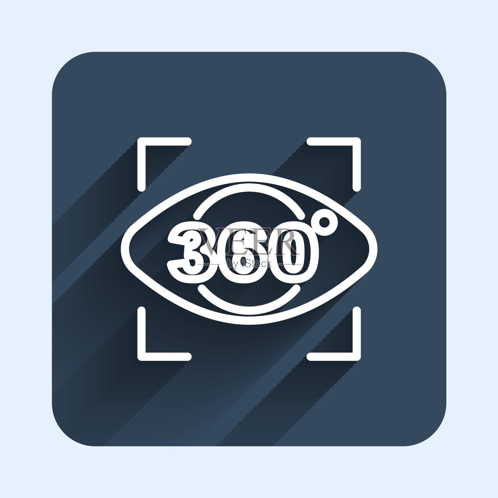 白线360度视图图标与长阴影背景隔离。虚拟现实。360度角度摄像头。全景照片。蓝色方框按钮。向量插画图片素材