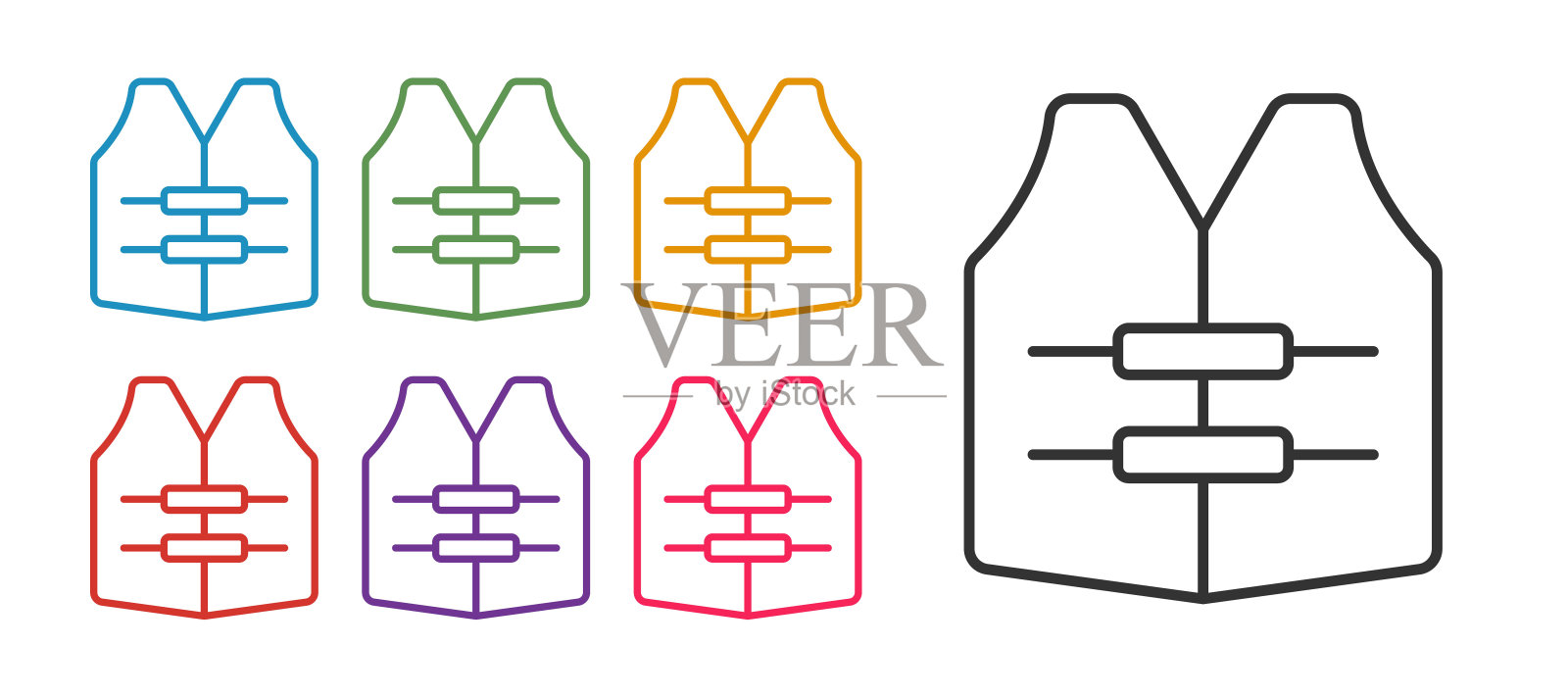 设置线救生衣图标孤立在白色背景。救生衣图标。极限运动。运动设备。设置彩色图标。向量插画图片素材