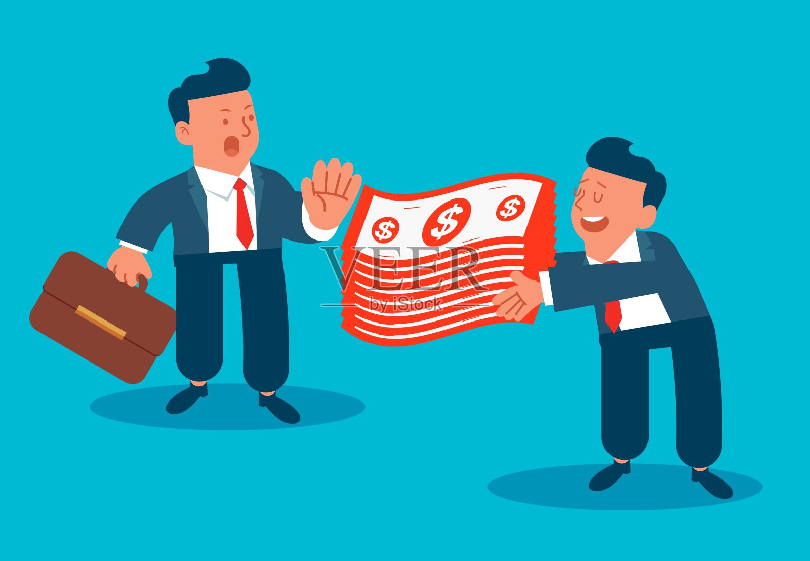 制止腐败，禁止贿赂，诚实守信，一个商人斥责并拒绝另一个商人提供的金钱插画图片素材