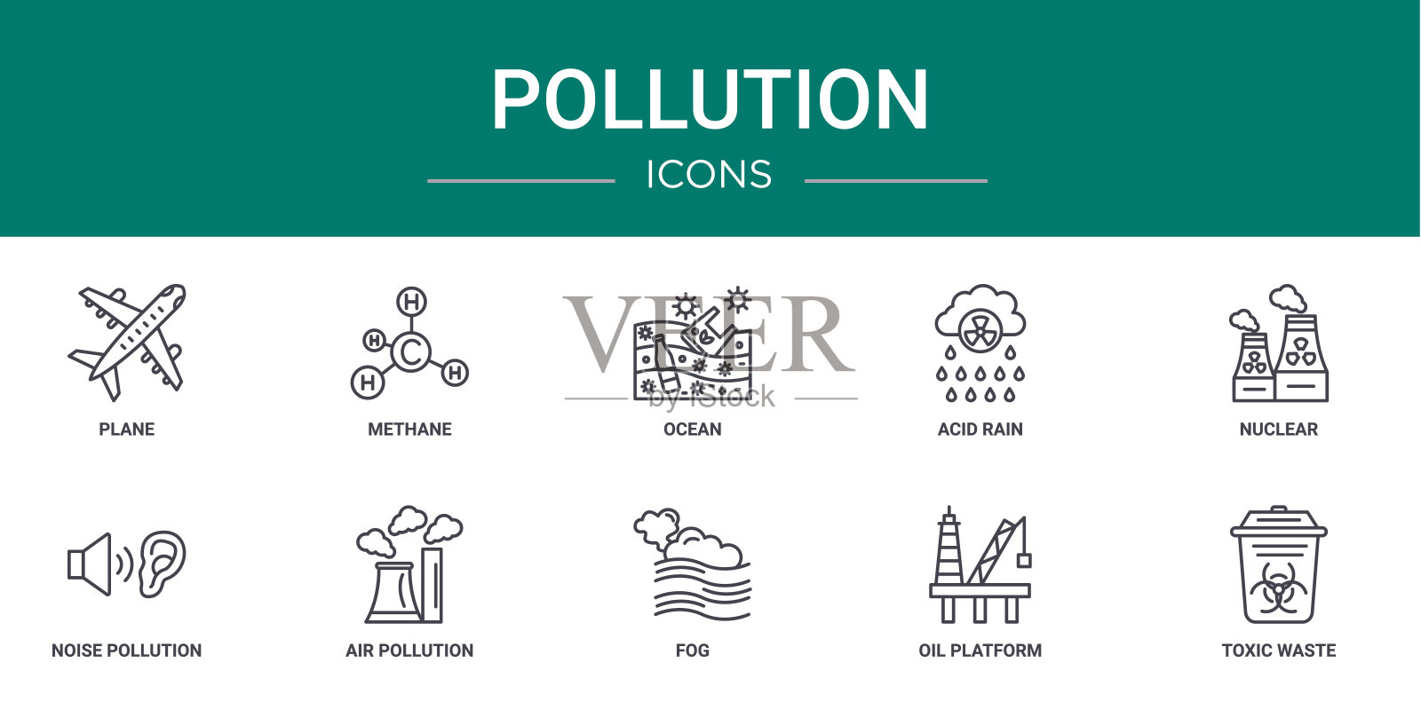 10个大纲网页污染图标，如飞机，甲烷，海洋，酸雨，核，噪音污染，空气污染矢量图标的报告，演示，图表，网页设计，移动应用程序图标素材