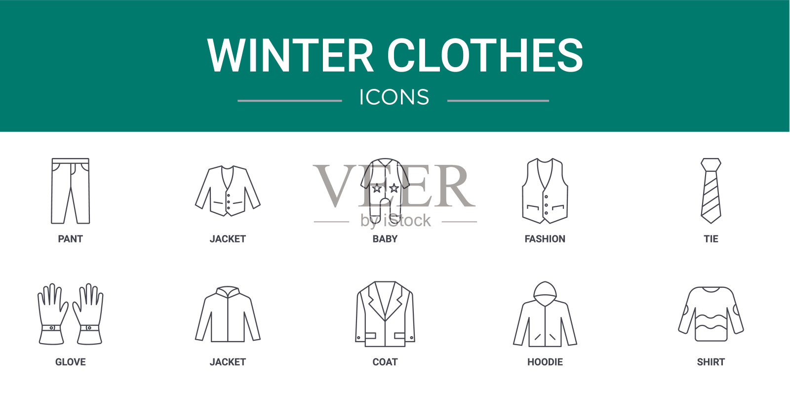 10个大纲网页冬季服装图标，如裤子，夹克，婴儿，时尚，领带，手套，夹克矢量图标报告，演示，图表，网页设计，移动应用程序插画图片素材