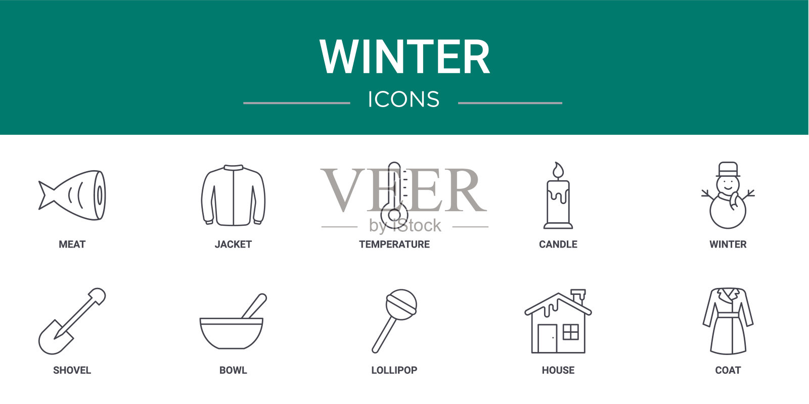 10个大纲网络冬季图标，如肉，夹克，温度，蜡烛，冬天，铲子，碗矢量图标的报告，演示，图表，网页设计，移动应用程序图标素材