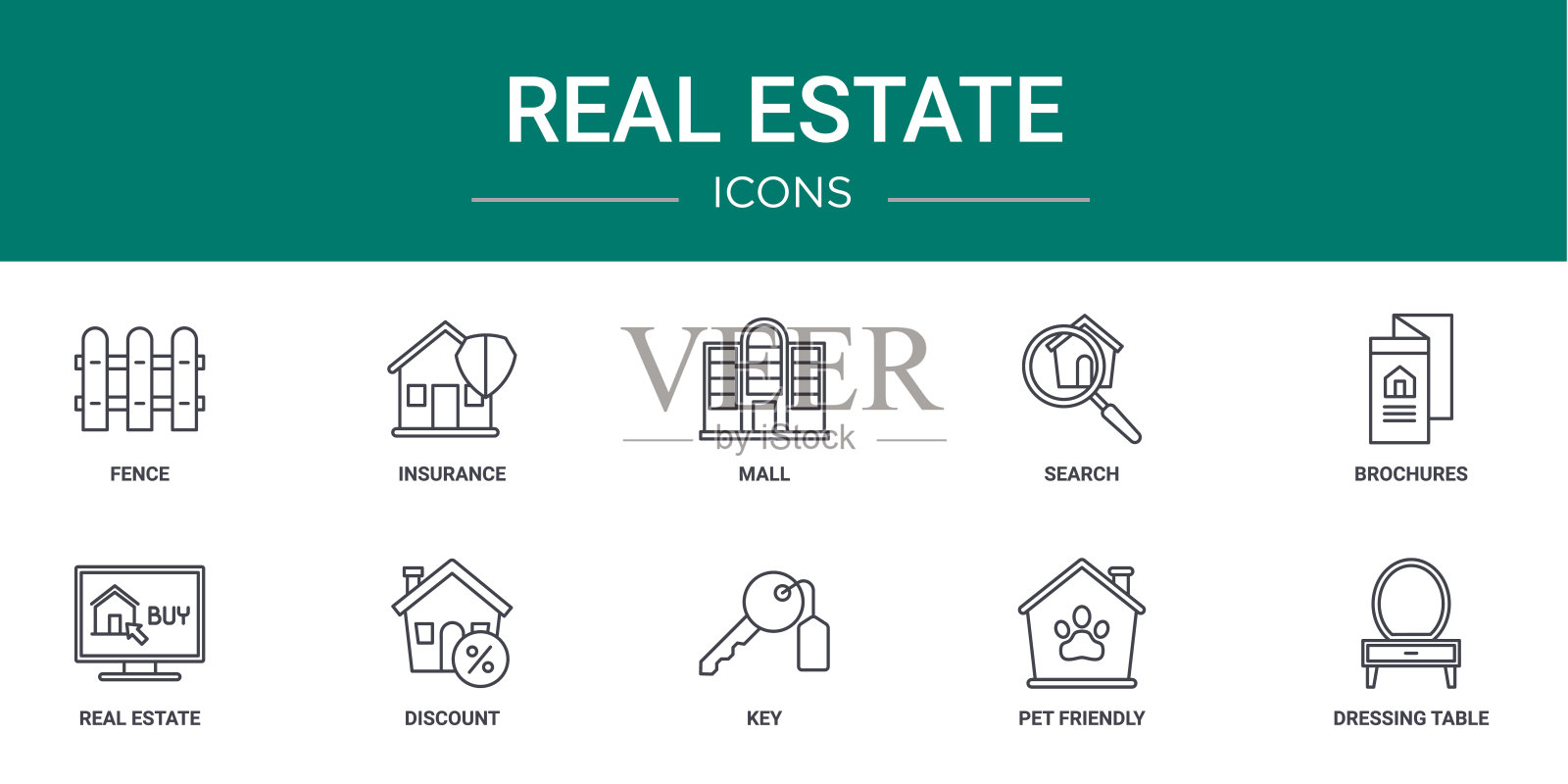 10个大纲网络房地产图标，如围栏，保险，商场，搜索，小册子，房地产，折扣矢量图标的报告，演示，图表，网页设计，移动应用程序图标素材