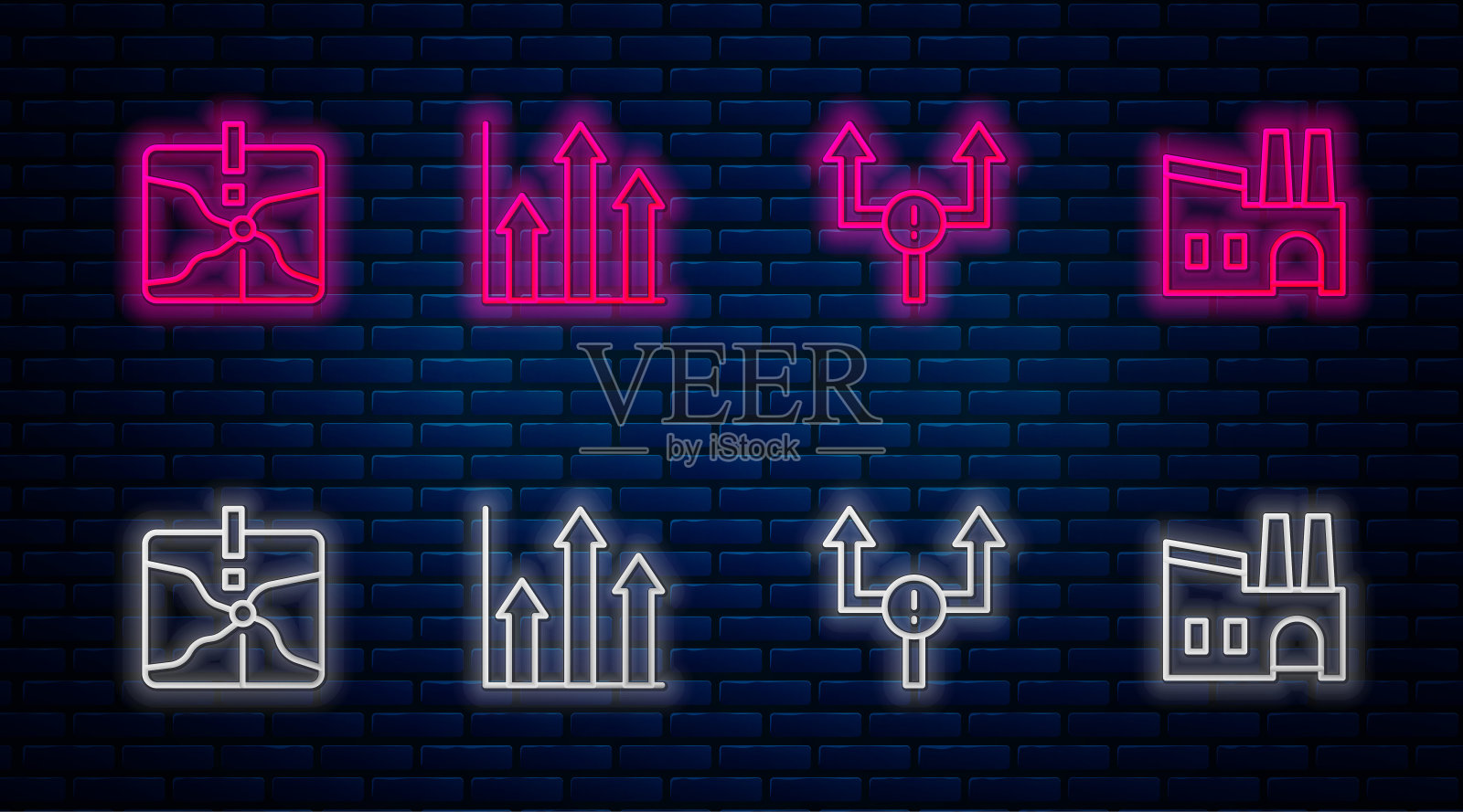 设置线饼图信息图，箭头，交点和工厂。砖墙上发光的霓虹灯图标。向量图标素材