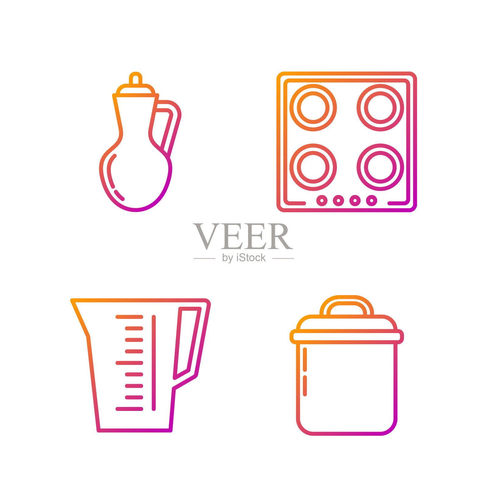 设置线锅，量杯，橄榄油瓶和煤气炉。渐变颜色图标。向量图标素材