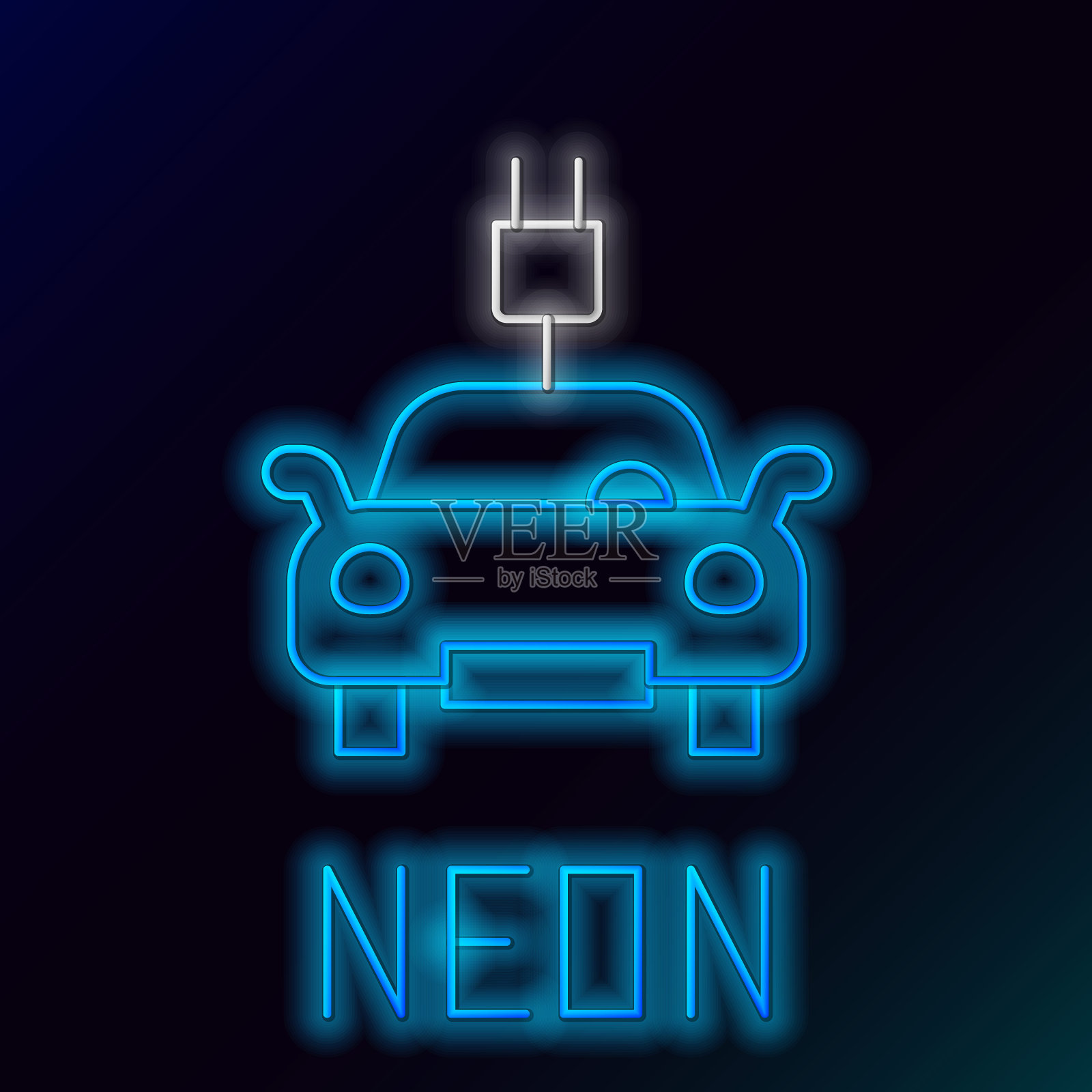 发光的霓虹灯线电动汽车和电缆插头充电图标隔离在黑色背景上。可再生生态技术。彩色轮廓概念。向量插画图片素材