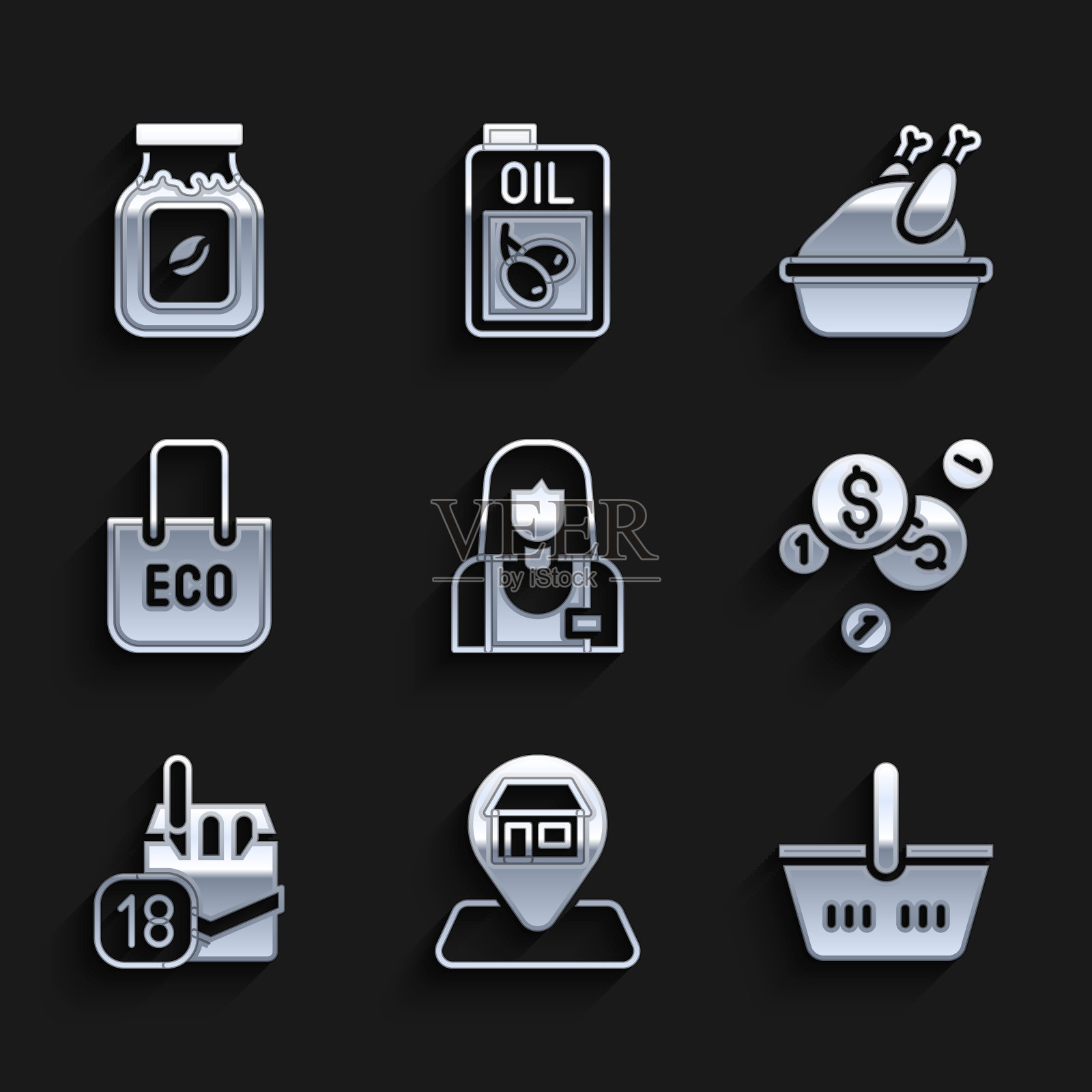 集卖家，位置市场商店，购物篮，硬币钱与美元，香烟包装盒，袋回收，烤火鸡和咖啡罐瓶图标。向量图标素材