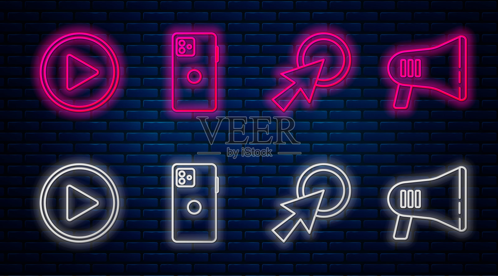 设置线路智能手机，手机，箭头光标，播放圆圈和扩音器。砖墙上发光的霓虹灯图标。向量图标素材