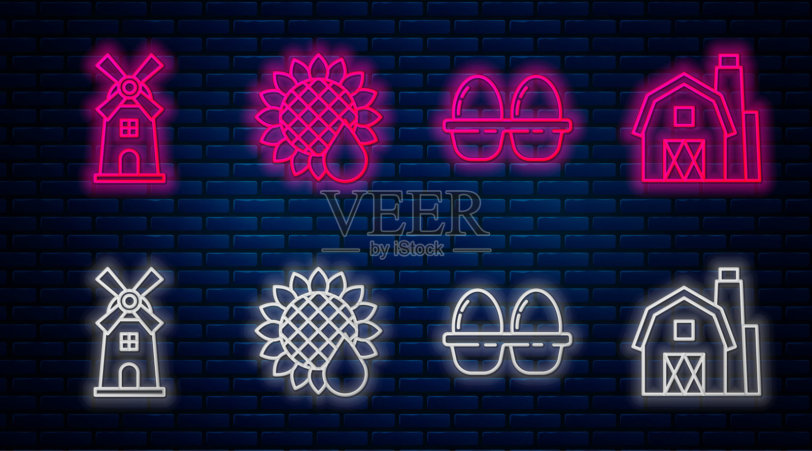 设置线向日葵，鸡蛋在盒子里，风车和农场房子的概念。砖墙上发光的霓虹灯图标。向量插画图片素材