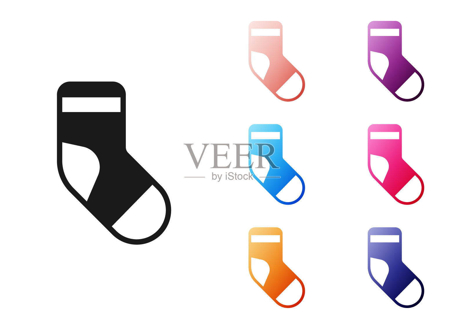 白色背景上的黑色圣诞袜图标。圣诞快乐，新年快乐。设置彩色图标。矢量图标素材