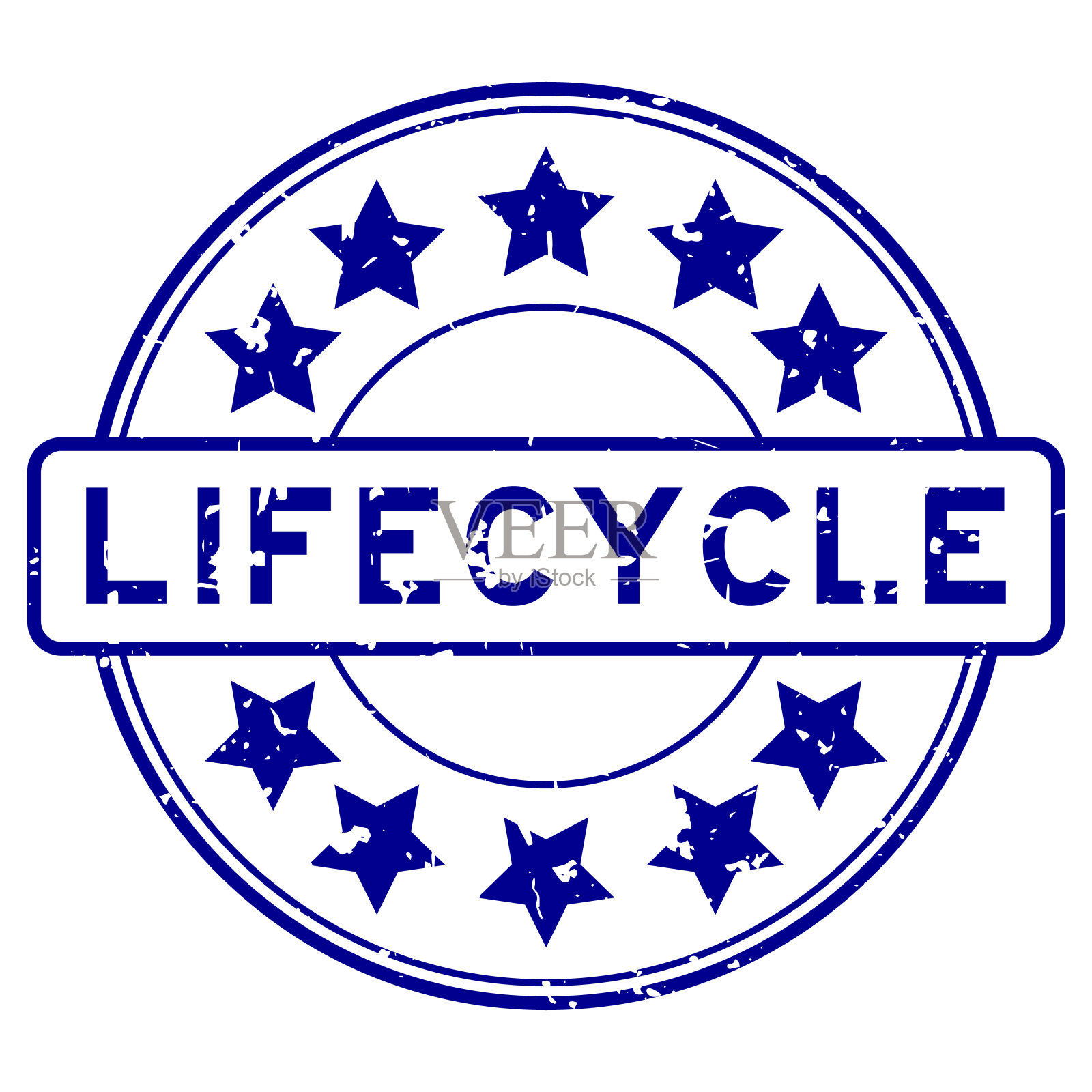 垃圾蓝色生命周期字与星图标圆形橡胶印章印章在白色背景插画图片素材
