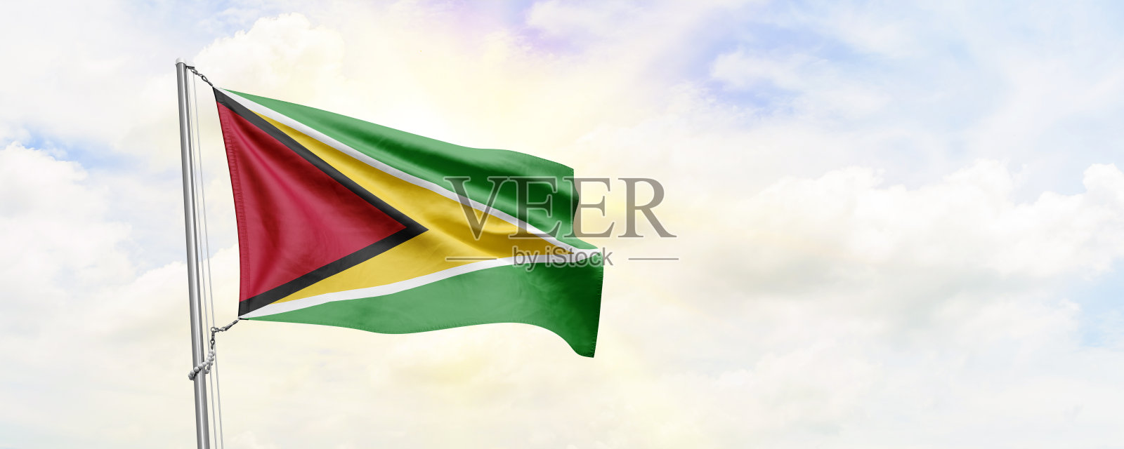 圭亚那国旗飘扬在天空背景。三维渲染照片摄影图片