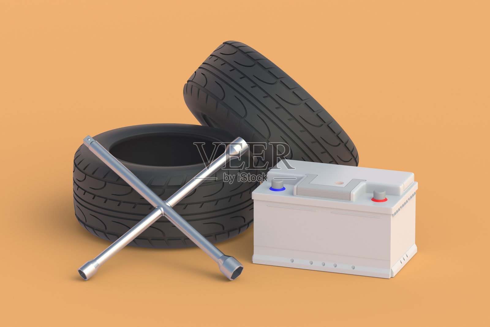 车轮扳手，轮胎和电池。汽车服务。汽车零部件。三维渲染照片摄影图片