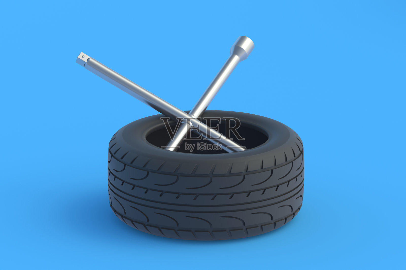 十字轮扳手和轮胎。汽车服务。安装汽车轮胎。汽车轮胎配件。三维渲染照片摄影图片