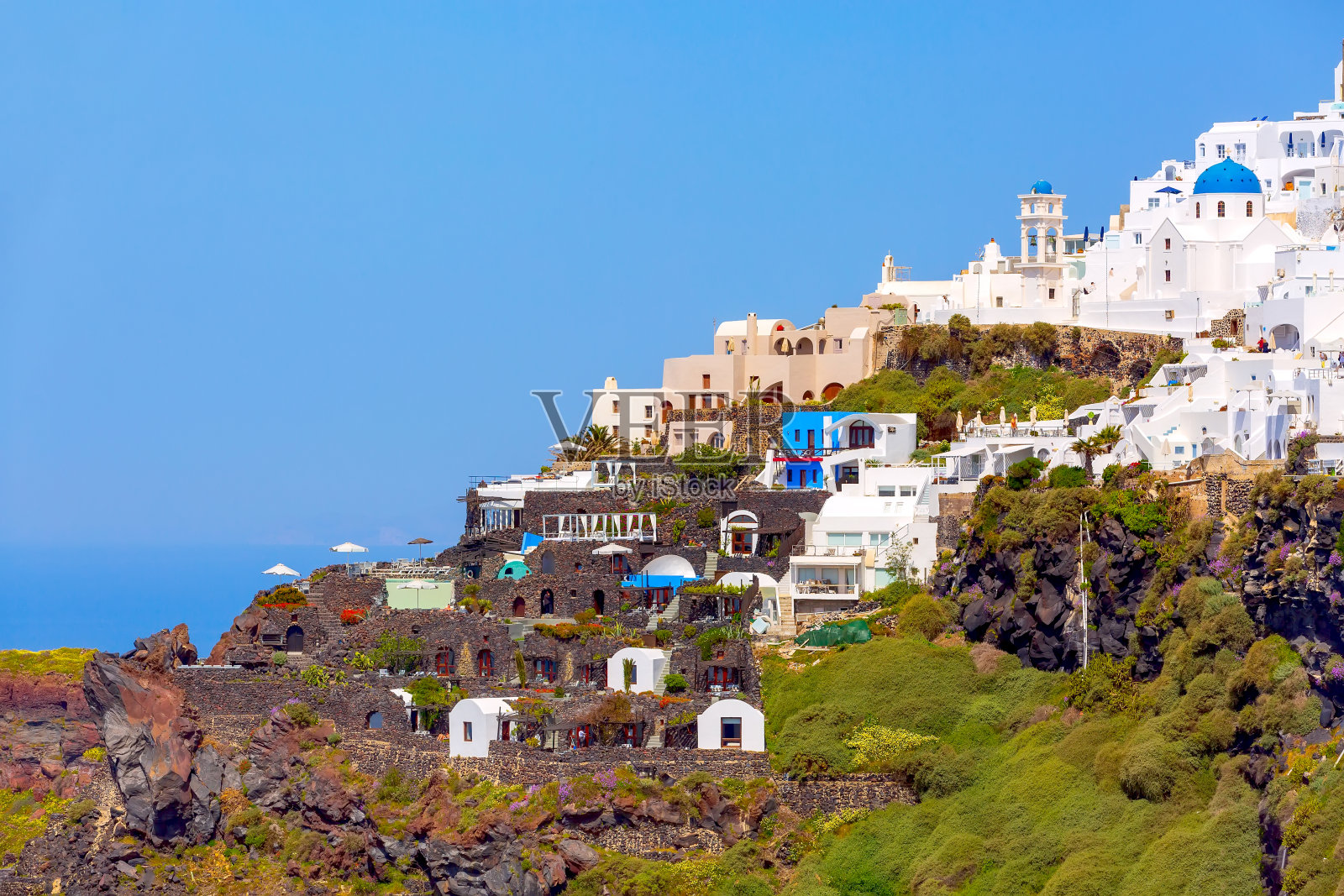 希腊圣托里尼岛，基克拉迪斯全景照片摄影图片