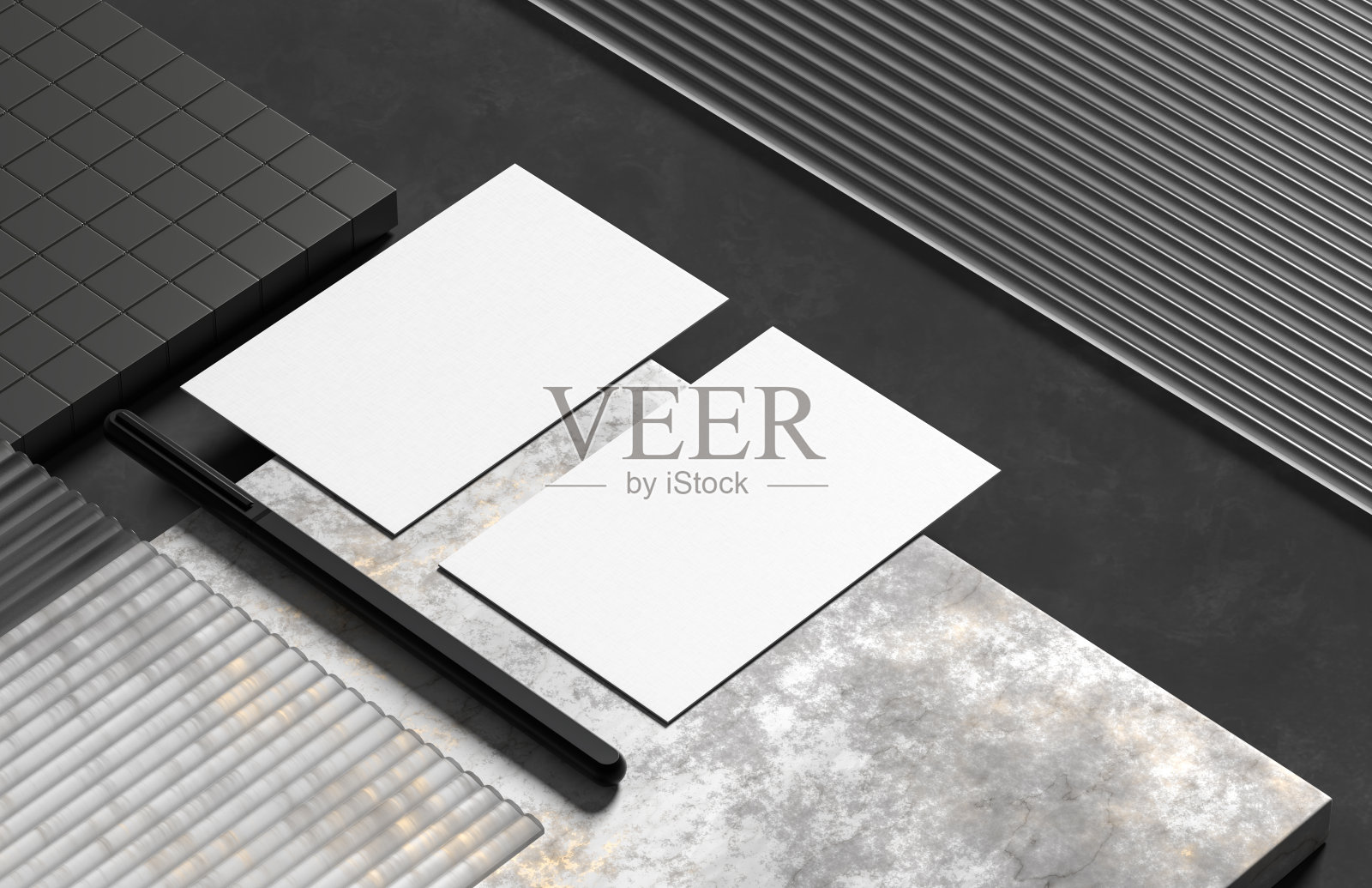 现实的名片模拟孤立在黑暗的背景。3 d演示。照片摄影图片