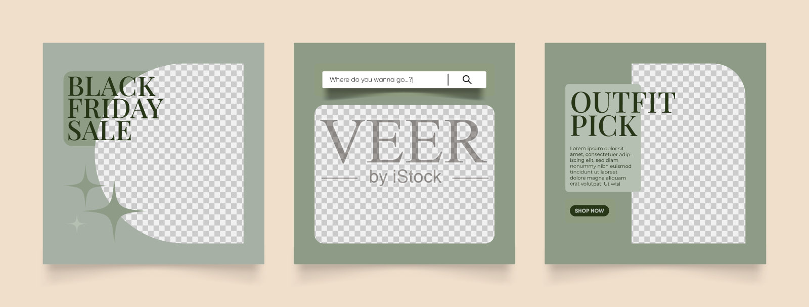 社交媒体模板旗帜时尚促销绿色。完全可编辑的方柱框架拼图有机销售海报插画图片素材