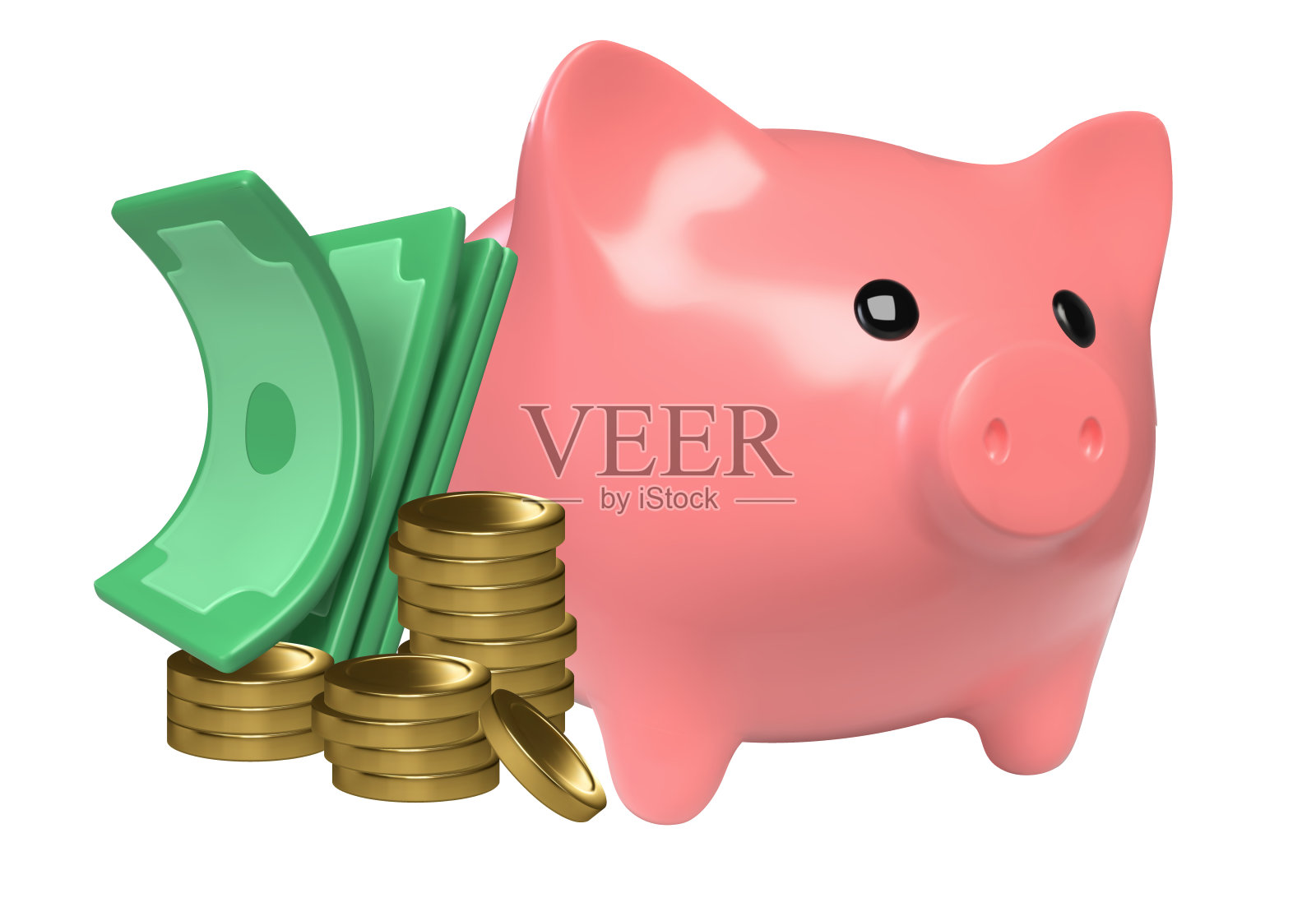 现实的储蓄罐金币和绿色美元钞票。矢量3d渲染插画图片素材