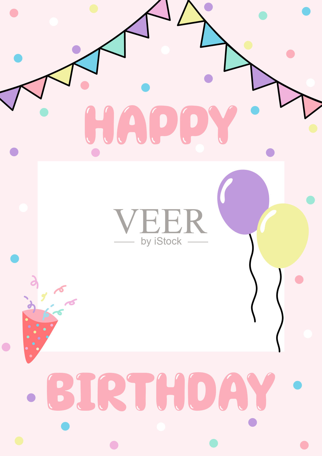 生日贺卡框架气球和五彩纸屑的圆点粉红色背景。矢量插图。插画图片素材