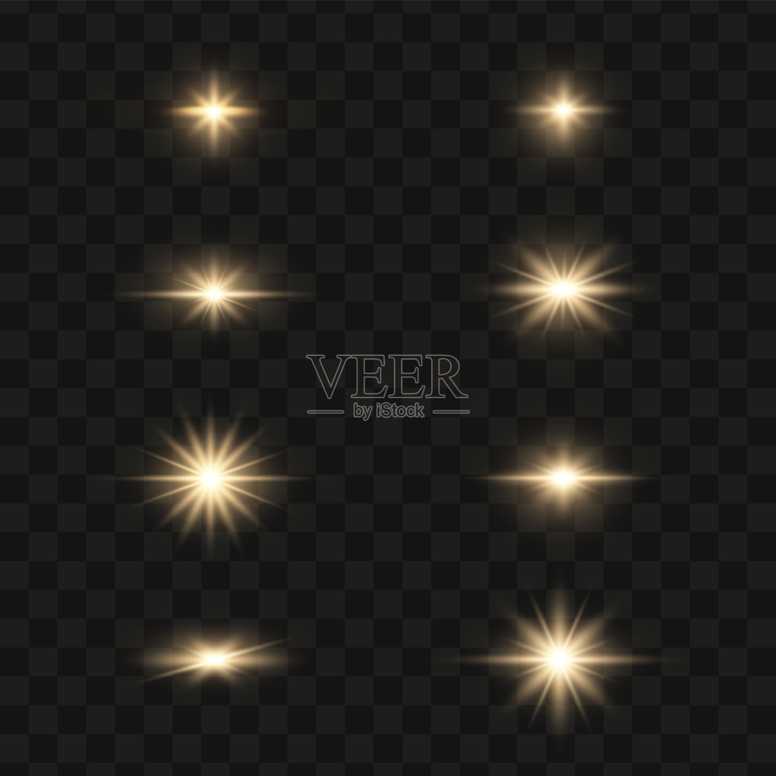 一组明亮的金色闪光，灯光和火花在透明的背景。抽象的闪光带着发光的线条，日出，闪烁着金色的星星。光线闪烁的边界。插画图片素材