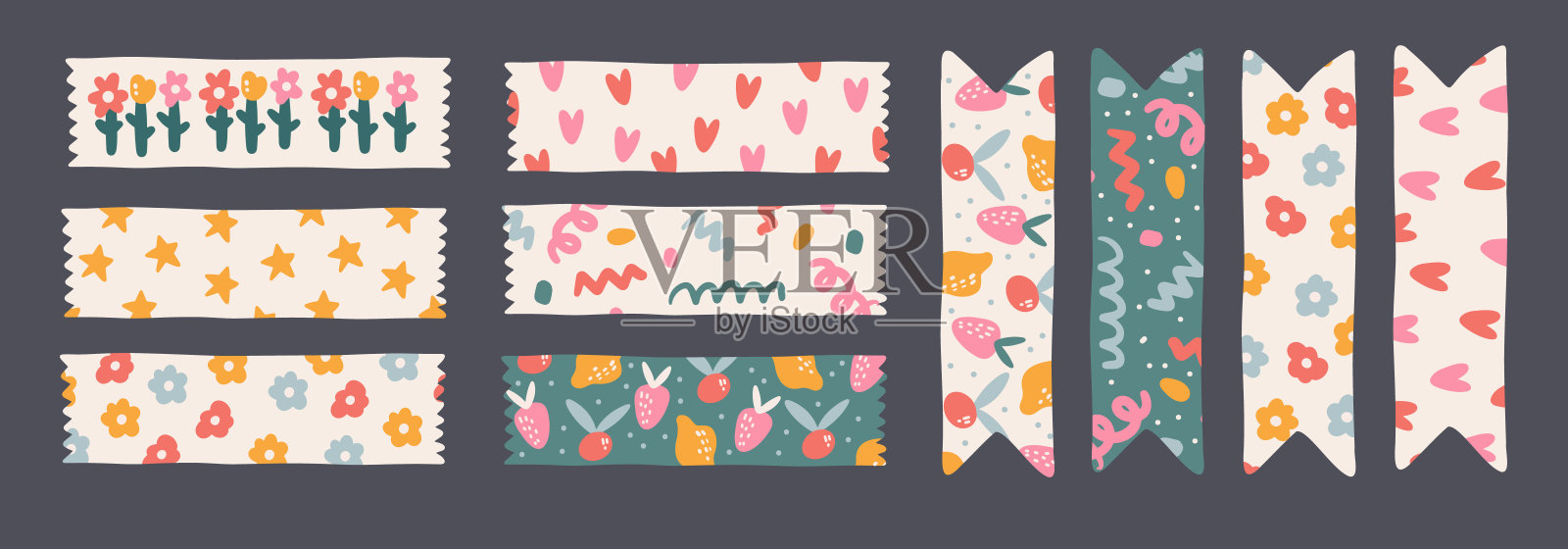 一套笔记本卡哇伊Washi磁带条。可爱的便利贴，装饰性的苏格兰威士忌。打印贴纸的日常计划，剪贴簿，和时间表插画图片素材