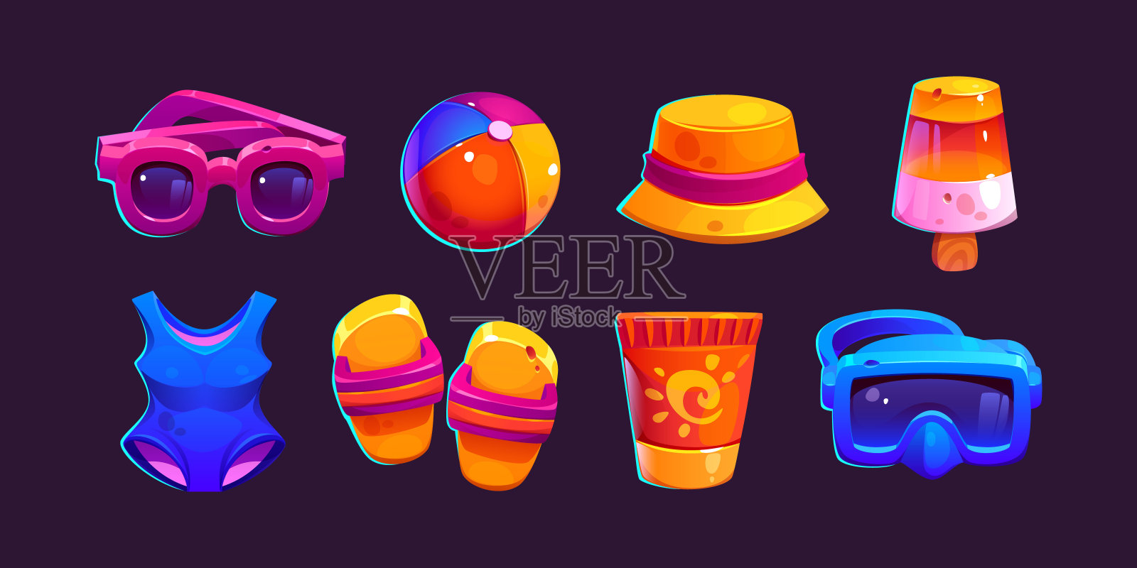 卡通套夏季海滩配件黑色插画图片素材