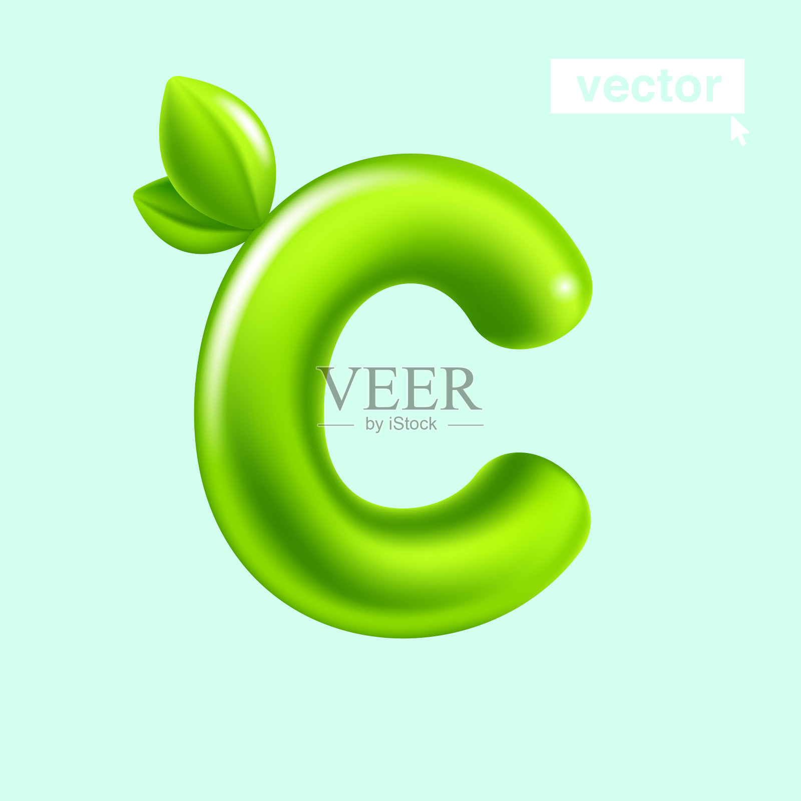 字母C绿色树叶生态标志。3D现实和卡通气球风格。光滑的矢量插图。插画图片素材