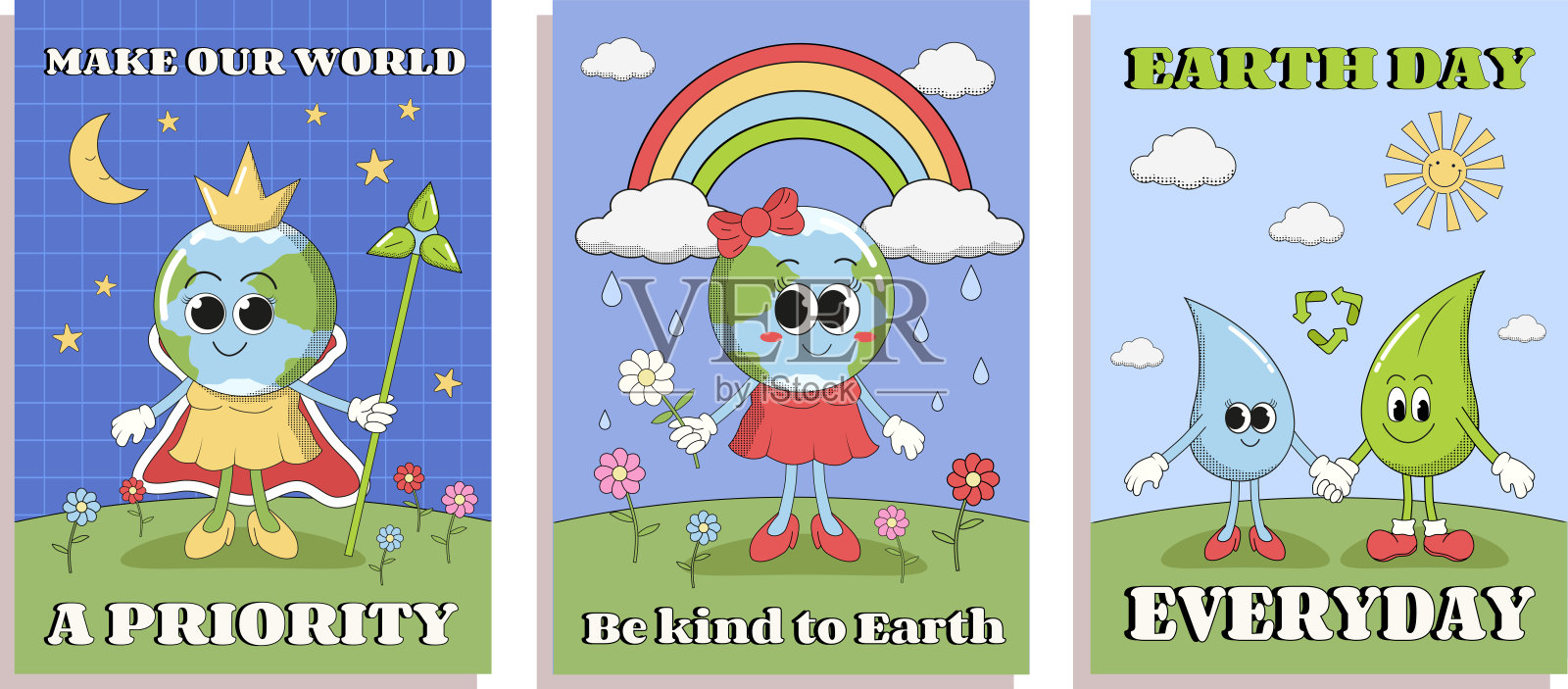 地球日海报，有时髦复古人物的生态海报，时髦风格的拯救地球海报。插画图片素材