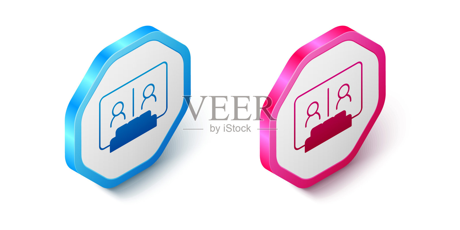 等距视频聊天会议图标孤立在白色背景上。在线会议工作在家。远程项目管理。六角按钮。向量图标素材