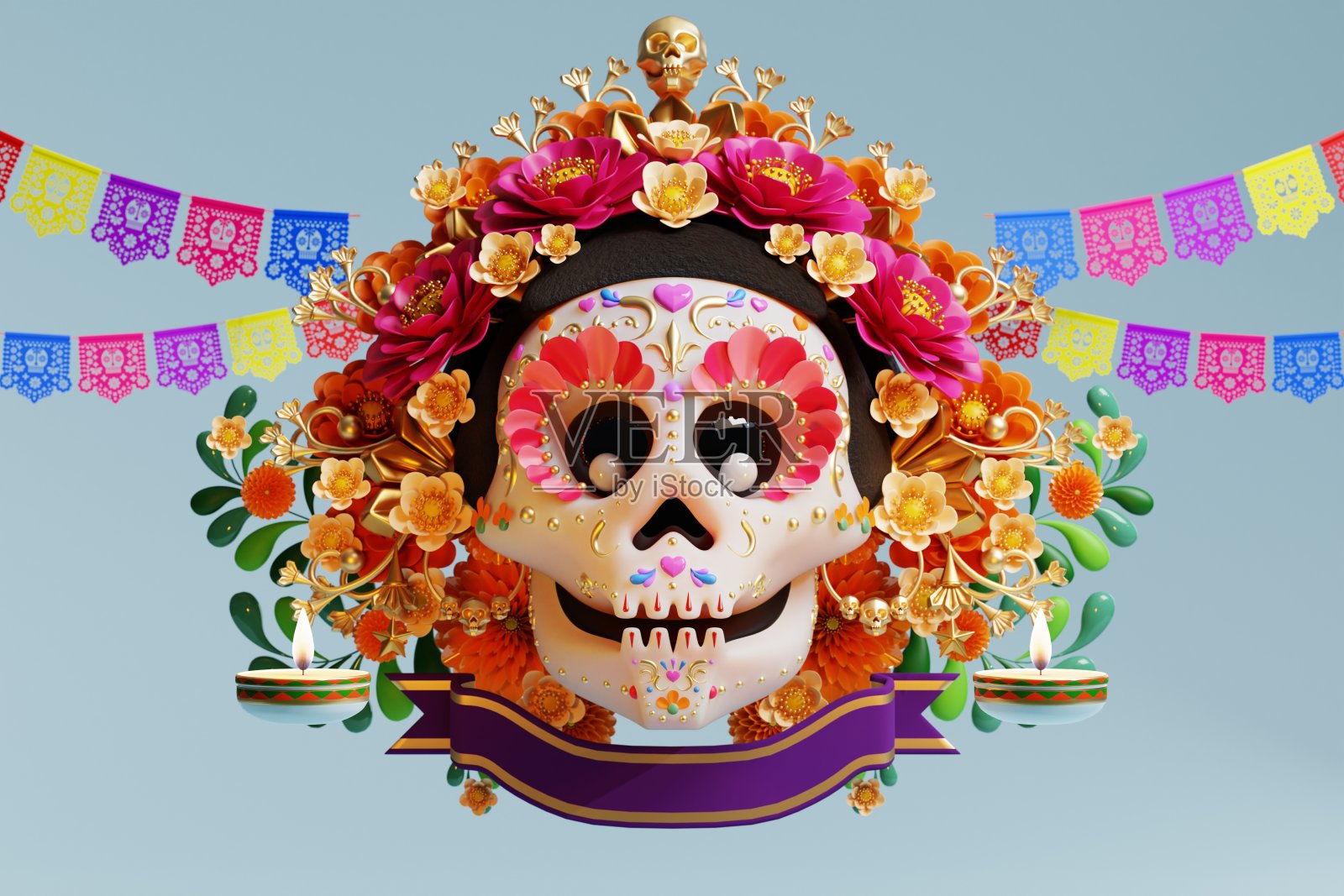 亡灵节的3D渲染，Dia de muertos祭坛的概念。可爱的糖头骨，白色蜡烛，万寿菊花的死亡。三维演示照片摄影图片