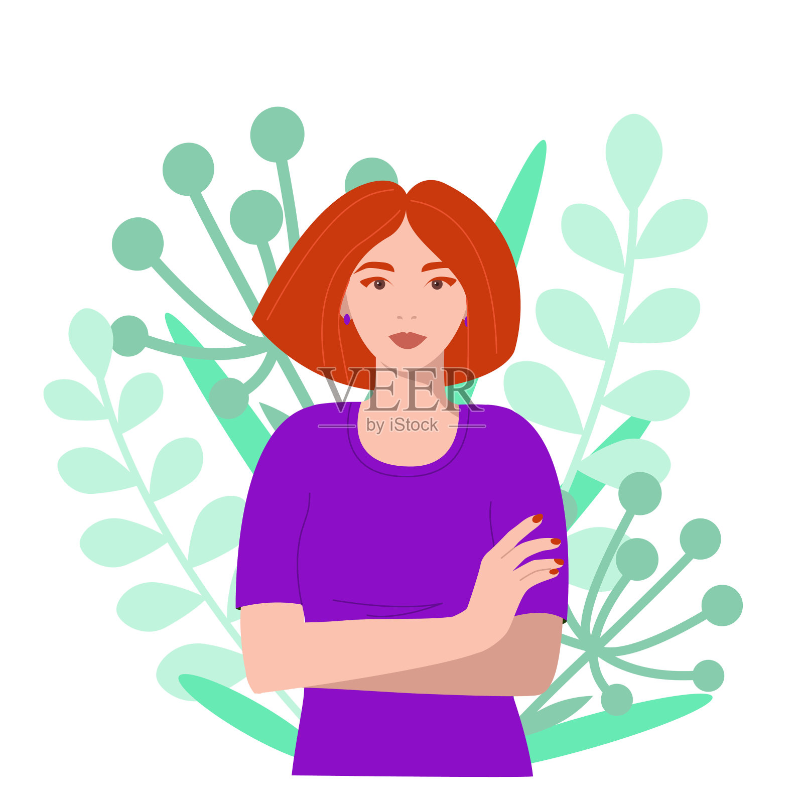 一个红头发的女孩双手交叉站在植物生长的背景下。插画图片素材