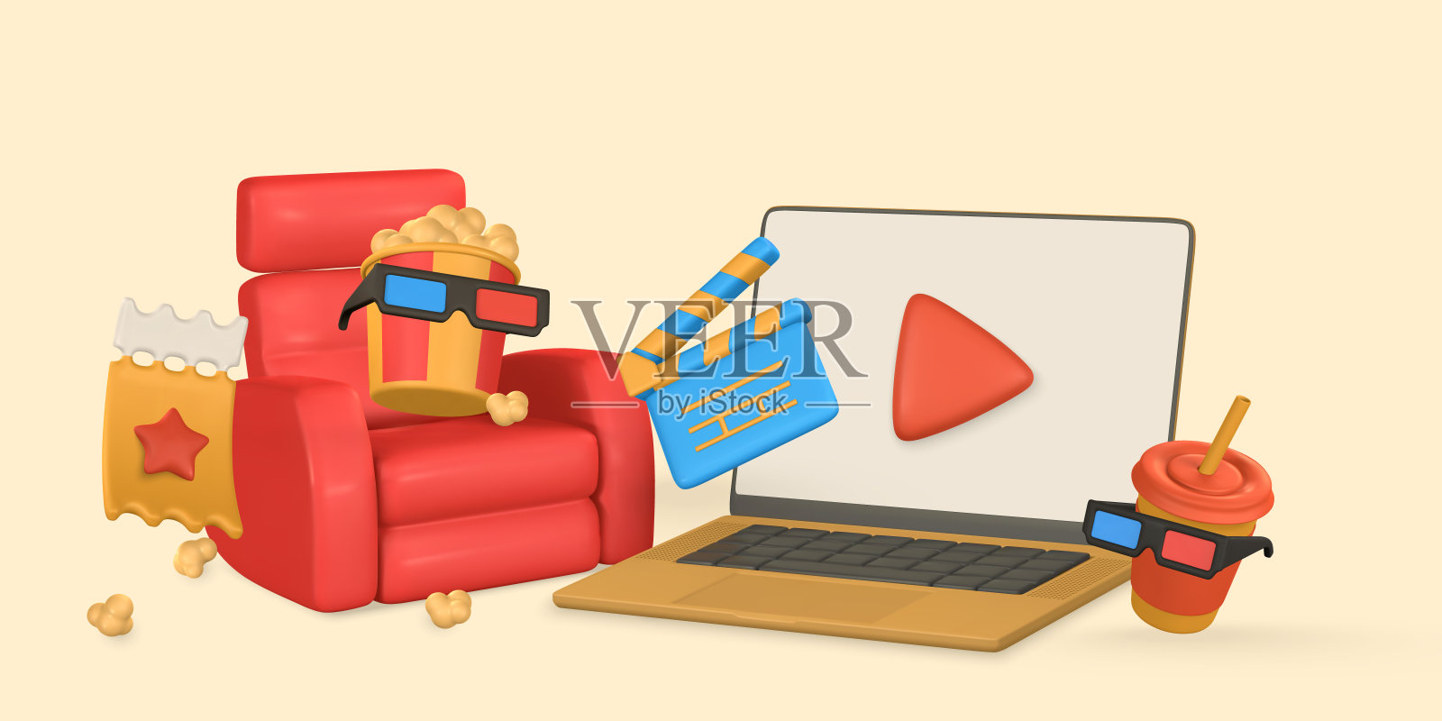 电影时间海报。横幅，笔记本电脑，爆米花桶，扶手椅，门票，3d眼镜和纸杯。矢量图插画图片素材