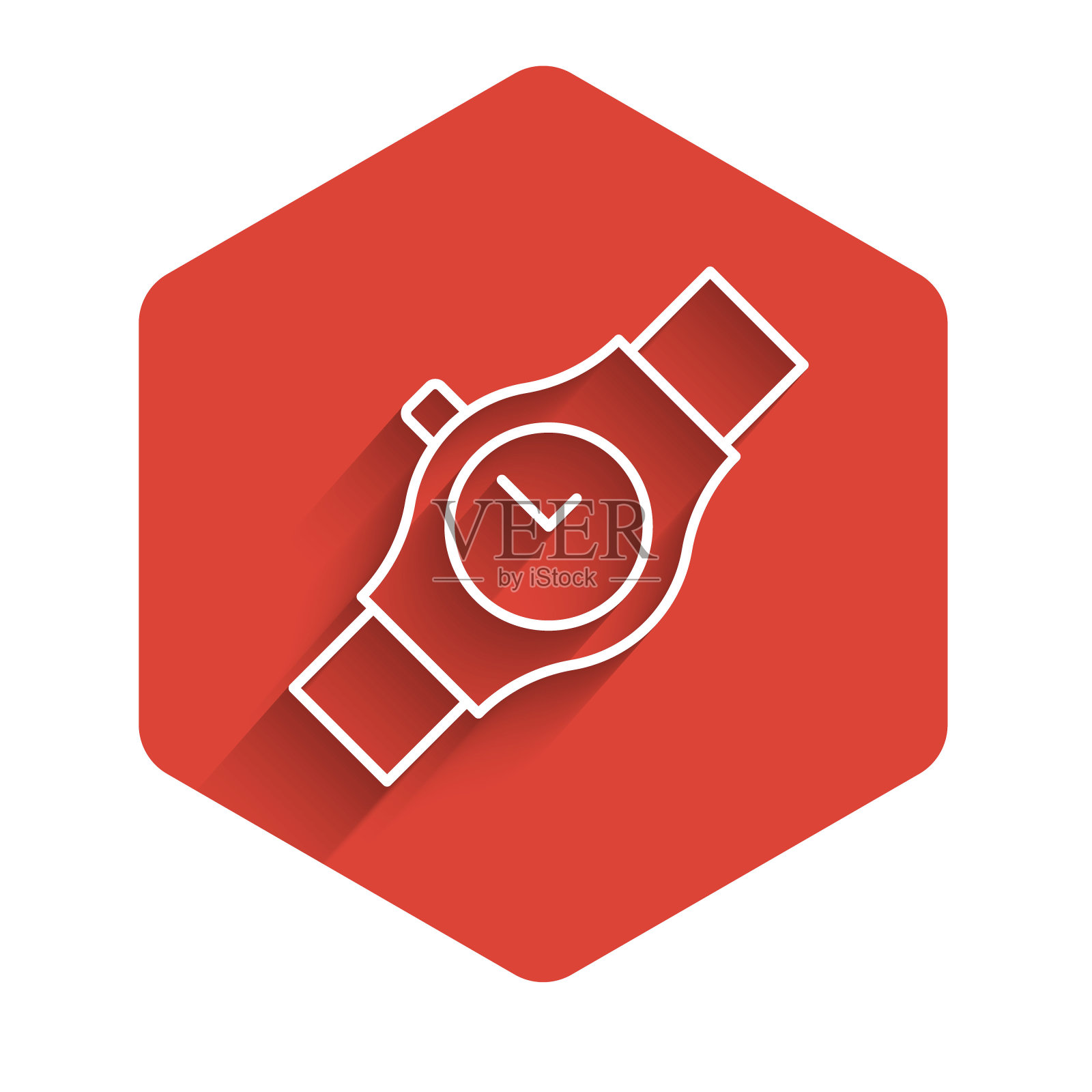 白线腕表图标孤立与长阴影背景。手表图标。红色六边形按钮。向量插画图片素材