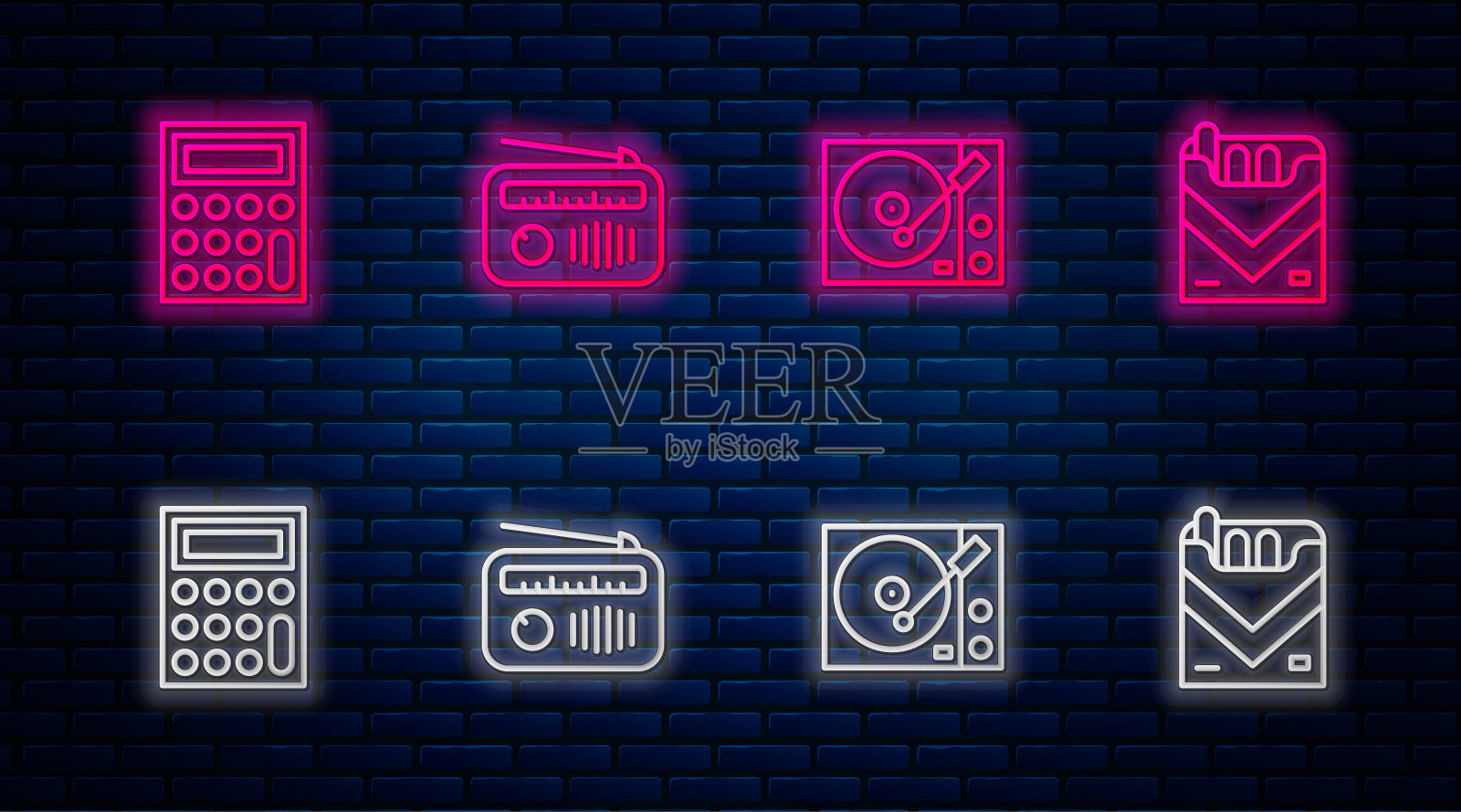 设置有线收音机与天线，黑胶播放器，计算器和香烟包装盒。砖墙上发光的霓虹灯图标。向量图标素材