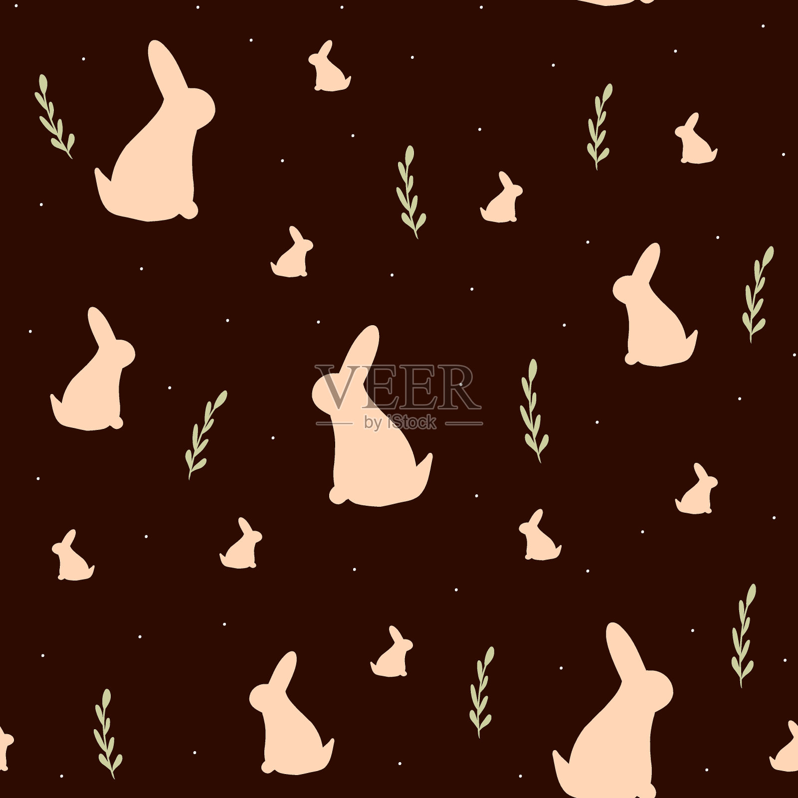 无缝图案与手绘兔子剪影和抽象植物，儿童插图与兔子，印刷为包装纸，温柔的春天剪纸幼儿园设计，纺织，服装，时尚。插画图片素材