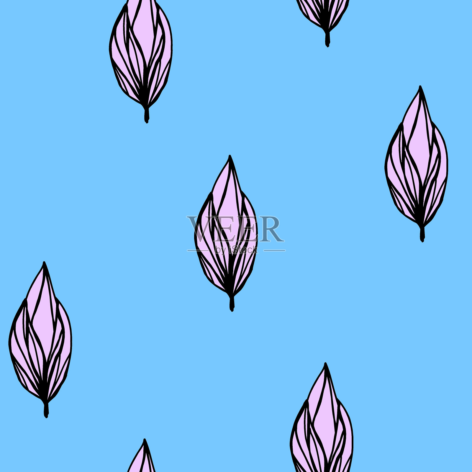 柔软的无缝模式与芽在蓝色背景。简单女子插图为配件，室内装饰，面料，服装，纺织品，封面设计。春季植物印花。插画图片素材