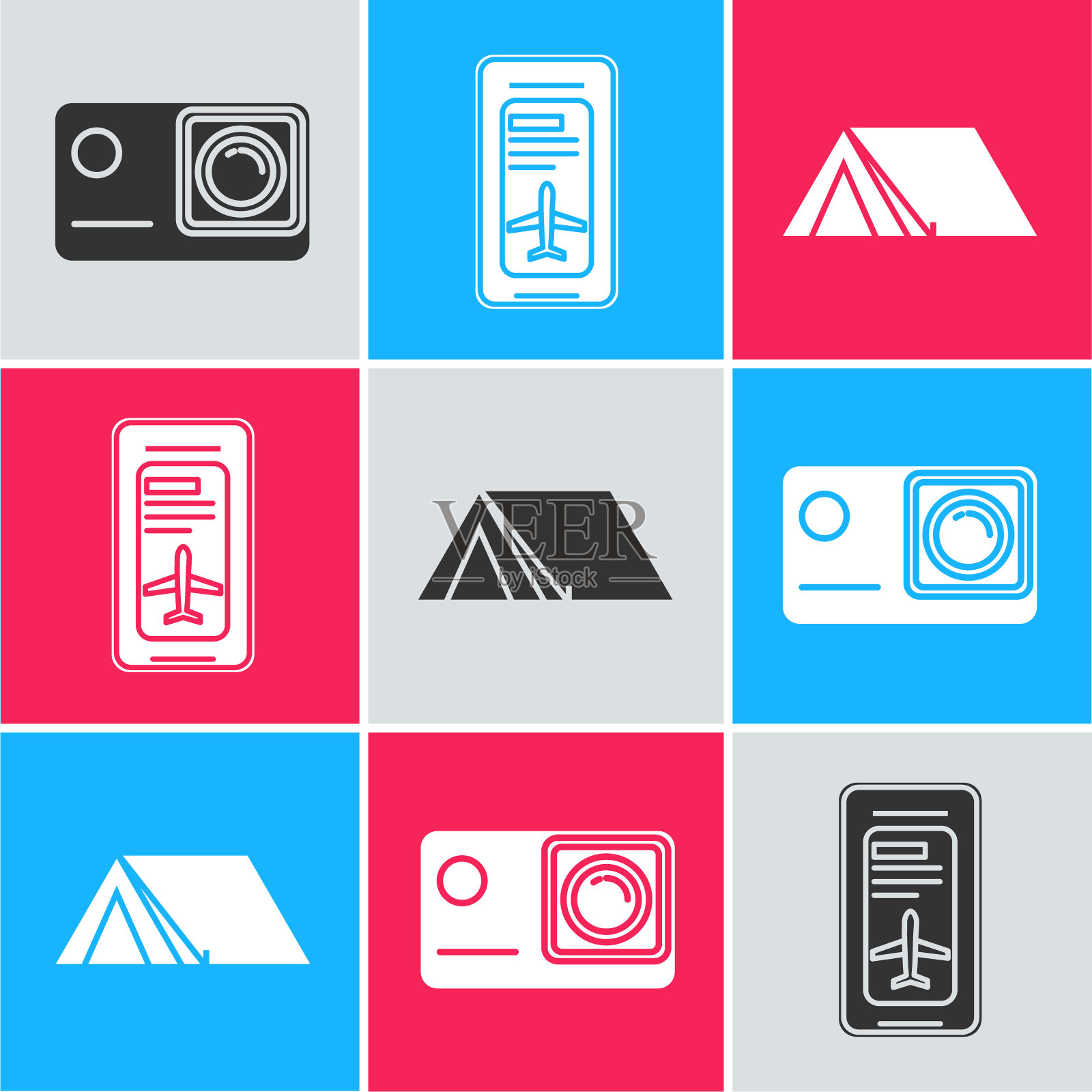 设置动作极限相机，智能手机与电子登机牌机票和旅游帐篷图标。向量图标素材