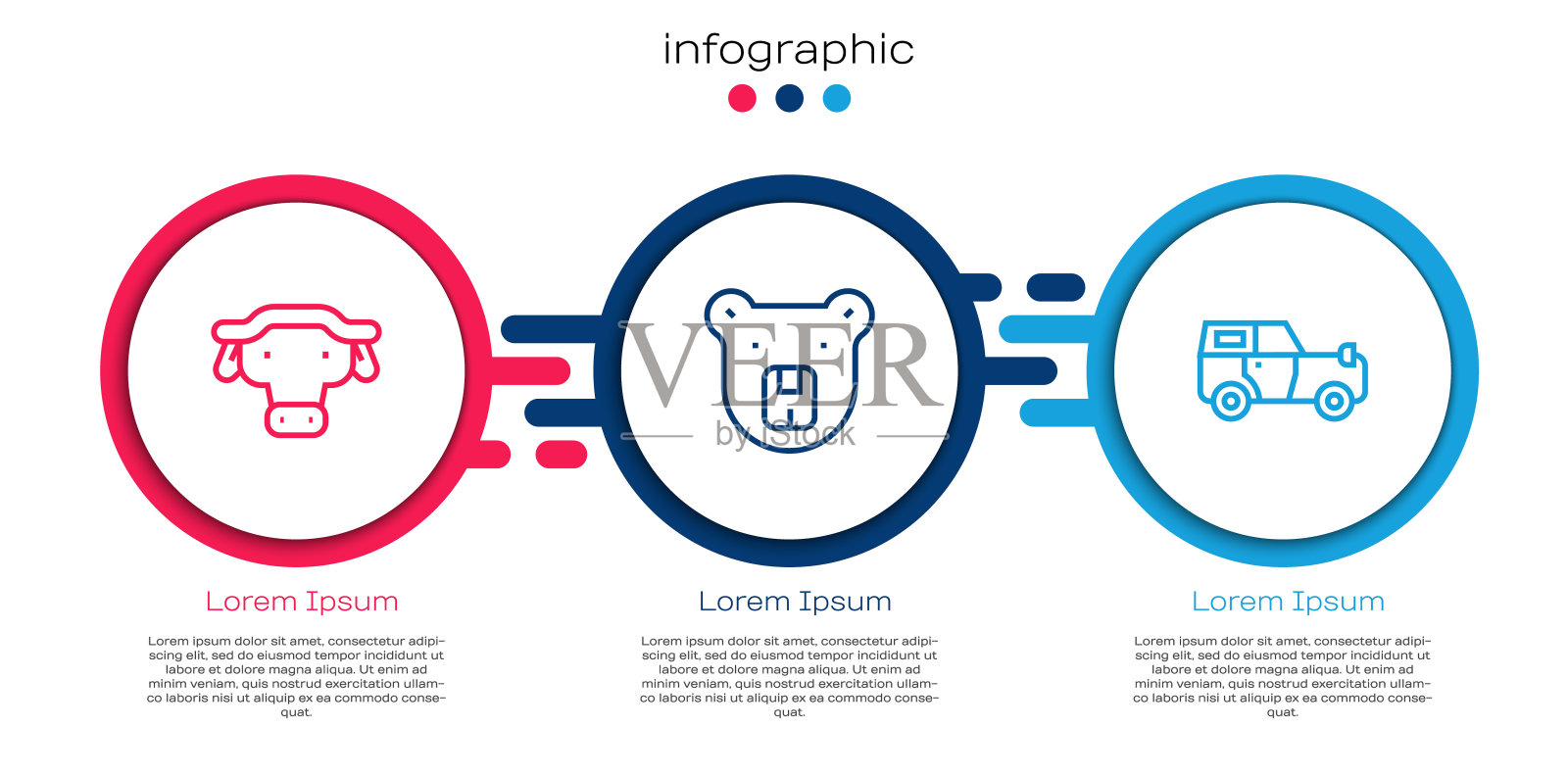 设定线非洲水牛头，熊和越野汽车。业务信息图模板。向量设计模板素材