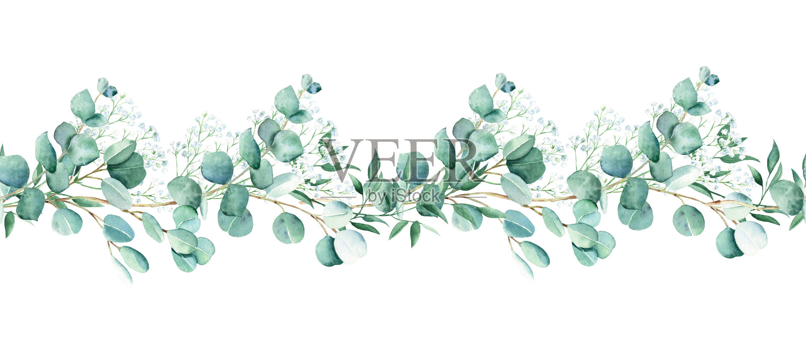 水平水彩花无缝边界图案。桉树、吉卜兰和开心果树枝。手绘植物插图。可用于织物、包装印花、框架、胶带和纸张设计。插画图片素材