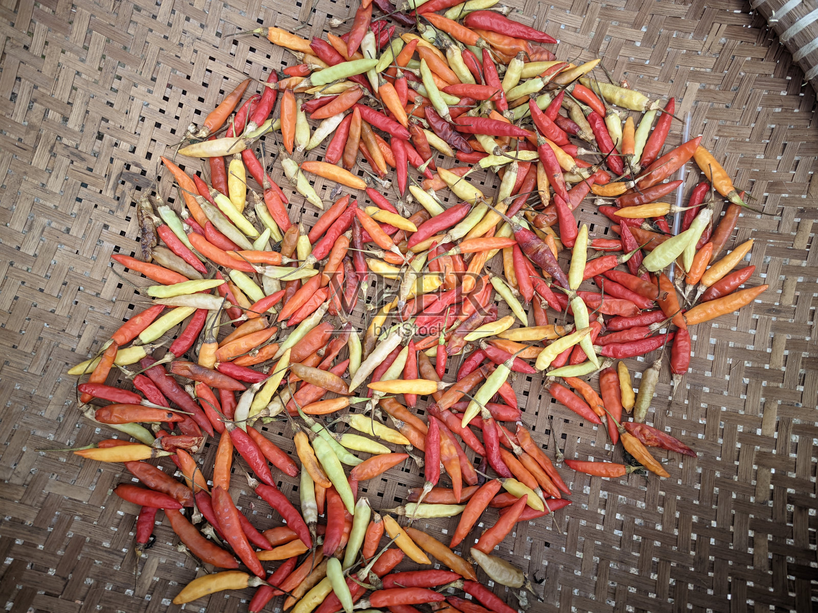 一串辣椒放在竹篮里，在阳光下晒干照片摄影图片