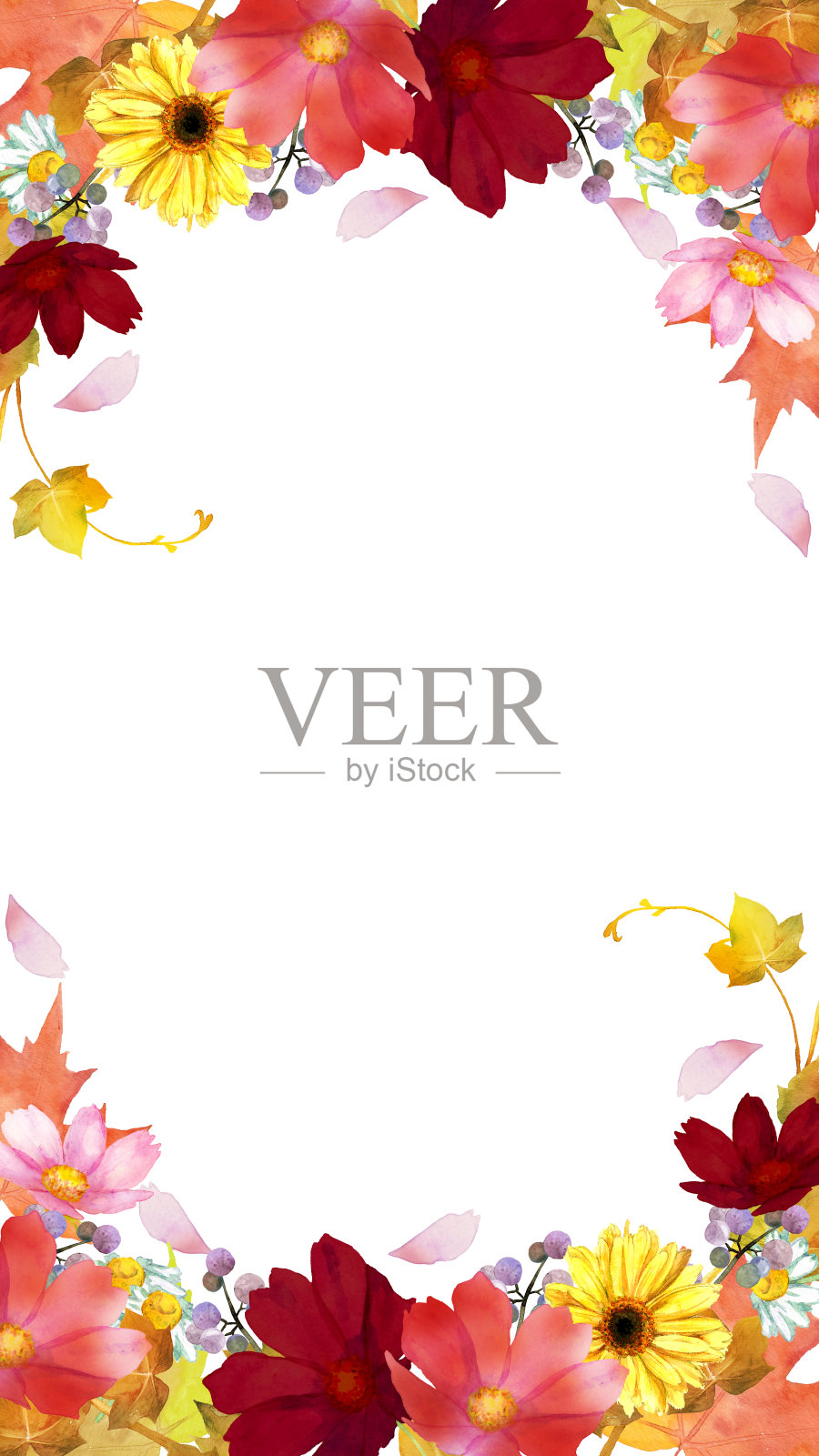 水彩画五颜六色的秋天花框插画图片素材