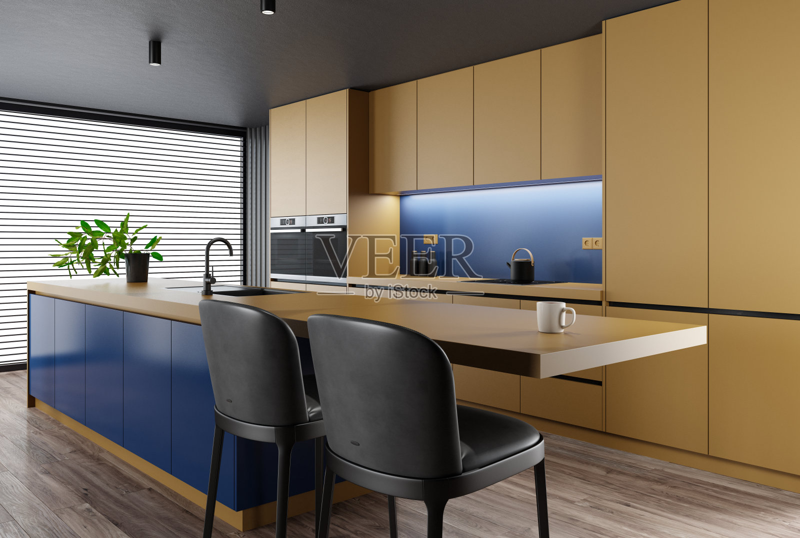 金黄色和蓝色现代极简主义厨房与长岛与凳子。哑光材料。照片摄影图片