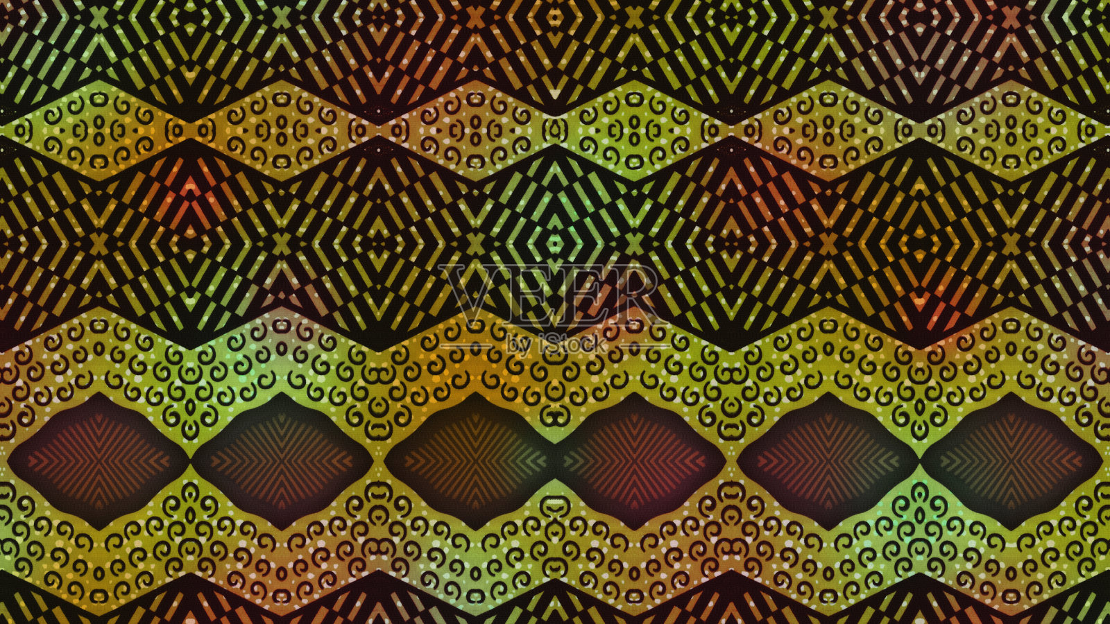 彩色非洲织物，无缝和有质感的部落图案，几何设计，形状和线条，红色，黑色，橙色，黄色，棕色和绿色插画图片素材