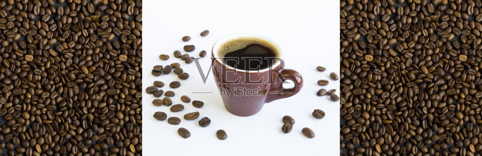 咖啡拼贴。咖啡杯和烘焙咖啡豆。特写镜头。照片摄影图片