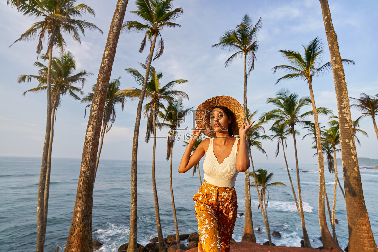 年轻的非洲女模特在日出时在热带地区穿着五颜六色的衣服摆姿势。黑人女人在黎明的异国风景。多种族深肤色的模特在日落时的棕榈树前摆姿势照片摄影图片