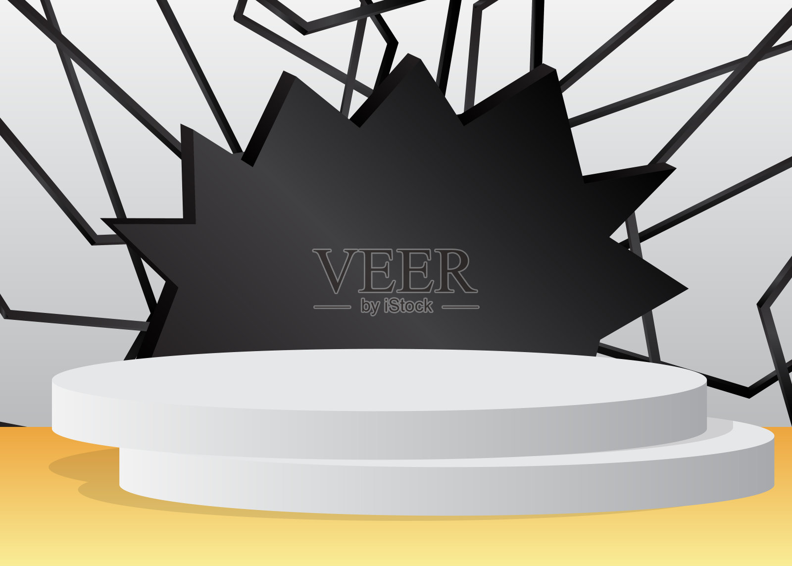 黑色、白色和金色圆柱基座基座。抽象的最小几何形式，空旷的场景。用于产品展示、展示的舞台展示。插画图片素材