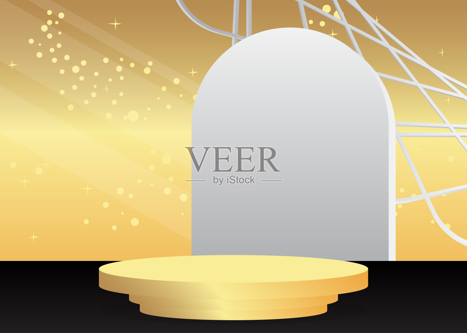 黑色、白色和金色圆柱基座基座。抽象的最小几何形式，空旷的场景。用于产品展示、展示的舞台展示。插画图片素材